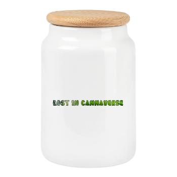 Lost in Cannaverse Green Leaf Typography - Cookie Jar with Wooden Lid - white - Front