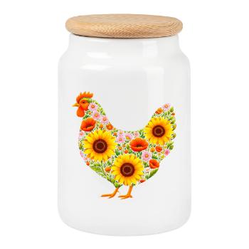 Motif poulet aux fleurs – Amour floral du pays - Boîte à biscuits avec couvercle en bois - blanc - Devant