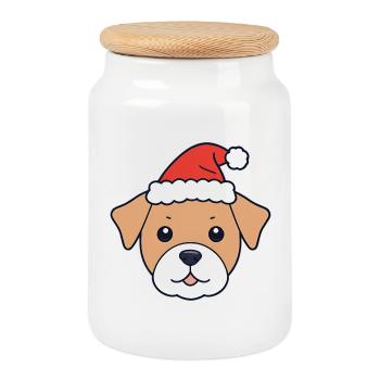 Chien avec chapeau de Père Noël - Boîte à biscuits avec couvercle en bois - blanc - Devant