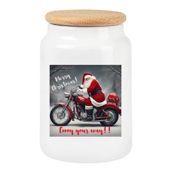 Der Weihnachtsmann auf dem Motorrad - Keksdose mit Holzdeckel - Weiß - Vorne