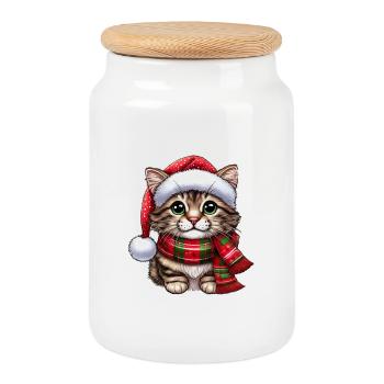 Weihnachtsmann Katze - Keksdose mit Holzdeckel - Weiß - Vorne