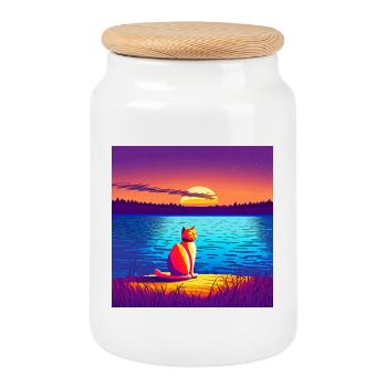Chat profitant du coucher de soleil - Boîte à biscuits avec couvercle en bois - blanc - Devant