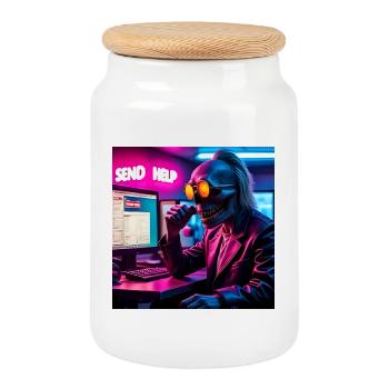 Cyberpunk néon crâne hacker Envoyer de l’aide Conception - Boîte à biscuits avec couvercle en bois - blanc - Devant