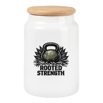 Rooted Strength: Eco-Primal Kettlebell Design - Keksdose mit Holzdeckel - Weiß - Vorne