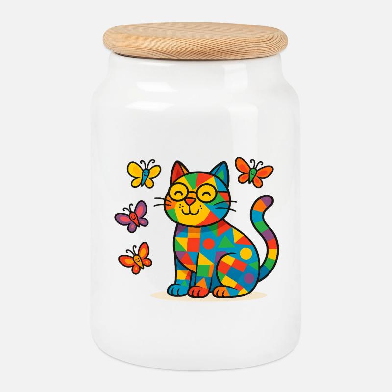 Patchwork-Katze mit bunten Schmetterlingen - Keksdose mit Holzdeckel - Weiß