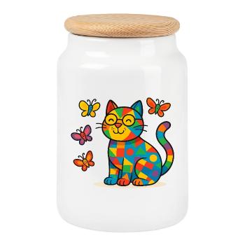 Chat patchwork et papillons - Boîte à biscuits avec couvercle en bois - blanc - Devant