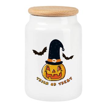 Bat, Halloween Pumpkin, Witch, Trick or Treat - Cookie Jar with Wooden Lid - white - Front