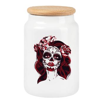 tod girl mexico costume skull rose death day lol - Cookie Jar with Wooden Lid - white - Front