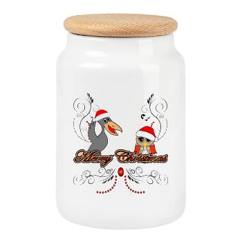 Merry Christmas funny owl with crow - Cookie Jar with Wooden Lid - white - Front