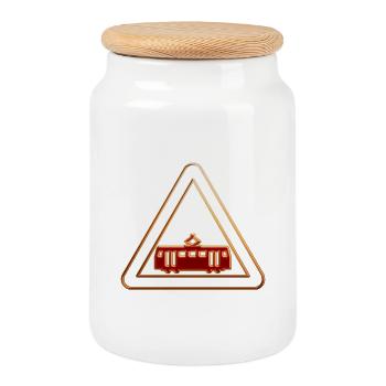 Attention tram 3 - Cookie Jar with Wooden Lid - white - Front