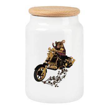 Pattern, funny mouse on a motorcycle - Cookie Jar with Wooden Lid - white - Front