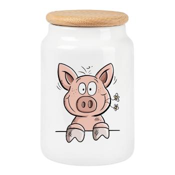 Heureux cochon avec fleurs I dessin animalier - Boîte à biscuits avec couvercle en bois - blanc - Devant