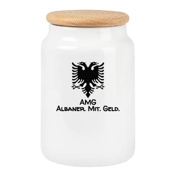 Albanien Flagge "AMG - Albaner mit Geld" - Keksdose mit Holzdeckel - Weiß - Vorne