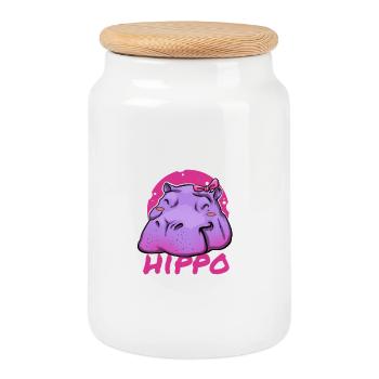 Hippopotame mignon avec nœud rose - Boîte à biscuits avec couvercle en bois - blanc - Devant