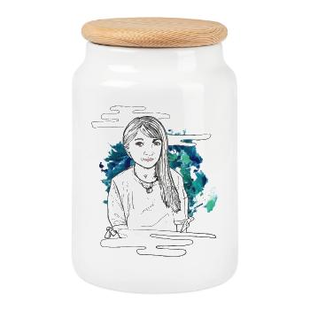 Smiling girl with pattern - Cookie Jar with Wooden Lid - white - Front