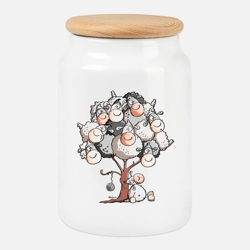 Funny Sheep Tree - Cookie Jar with Wooden Lid - white