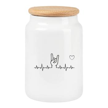 Battement de coeur EKG à la main en métal - Boîte à biscuits avec couvercle en bois - blanc - Devant