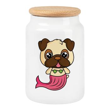 Pug as a mermaid - Cookie Jar with Wooden Lid - white - Front