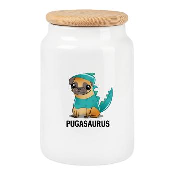 Costume de dinosaure carlin Kawaii Dessin animé Kawaii - Boîte à biscuits avec couvercle en bois - blanc - Devant