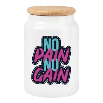 No Pain No Gain Gym Motivational Quote - Cookie Jar with Wooden Lid - white - Front