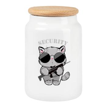 Agent de sécurité Cat avec pistolet - Boîte à biscuits avec couvercle en bois - blanc - Devant