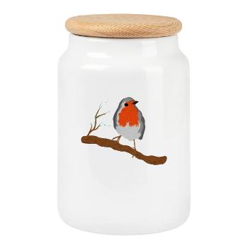 Rouge-gorge avec magnifique robe à plumes sur branche - Boîte à biscuits avec couvercle en bois - blanc - Devant