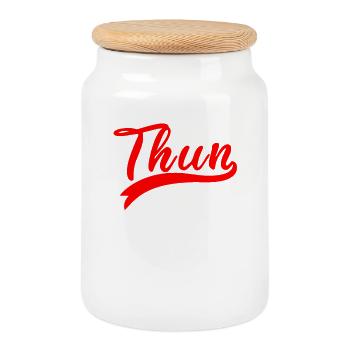 Thun Script Red Logo - Cookie Jar with Wooden Lid - white - Front