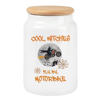 Cool witches fly by Motorbike - Bike Chopper - Cookie Jar with Wooden Lid - white - Front