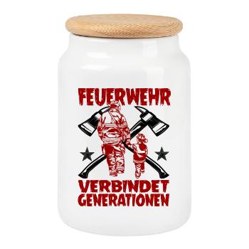 Feuerwehr Großfamilie Papa und Sohn - Keksdose mit Holzdeckel - Weiß - Vorne