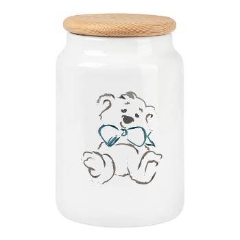 Teddy bear with bow - Cookie Jar with Wooden Lid - white - Front