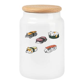 Sushi cats anime kawaii - Cookie Jar with Wooden Lid - white - Front