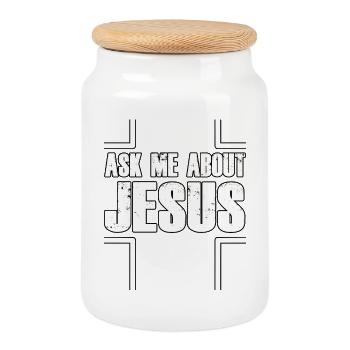 Ask Me About Jesus Kreuz Design - Keksdose mit Holzdeckel - Weiß - Vorne
