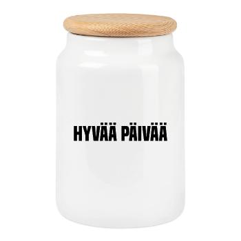 Finnland "Hallo" hyvää päivää - Keksdose mit Holzdeckel - Weiß - Vorne