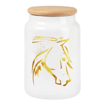 Riding - Rider - Horse's Head - Golden Horse - Cookie Jar with Wooden Lid - white - Front
