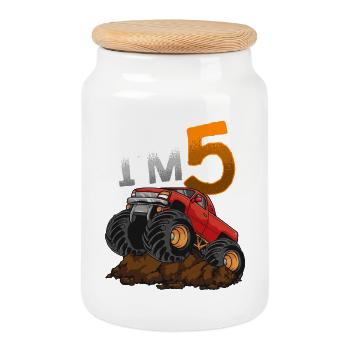 5th Birthday Monster Truck - Cookie Jar with Wooden Lid - white - Front