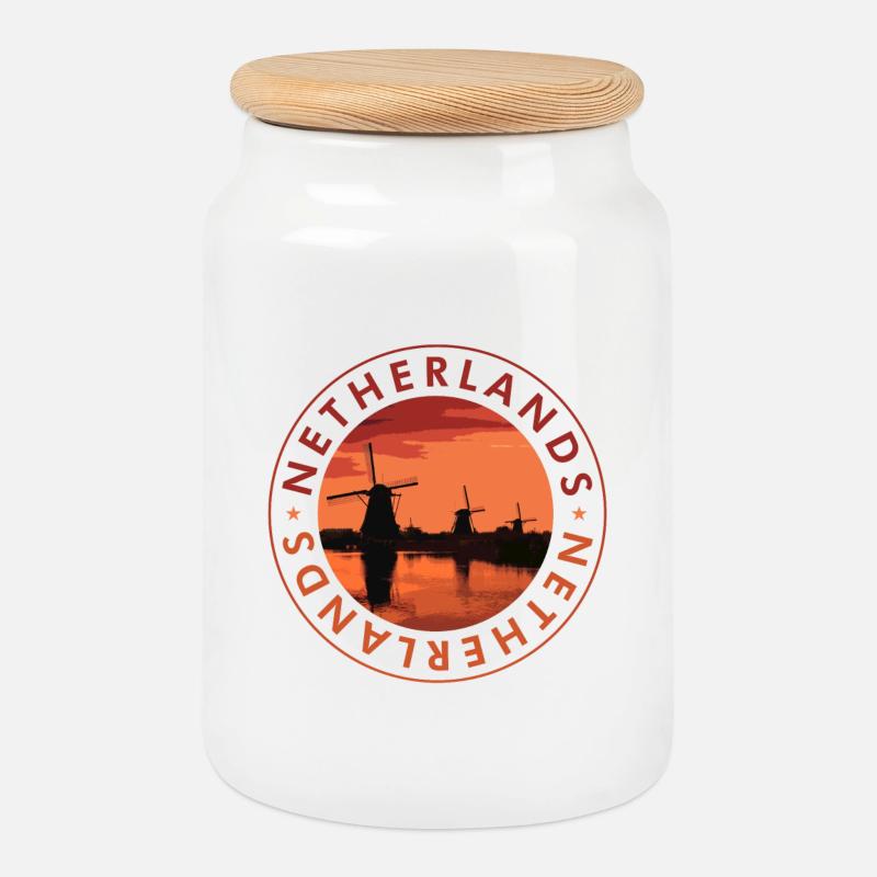 Niederlande Windmühlen Abendstempel - Keksdose mit Holzdeckel - Weiß