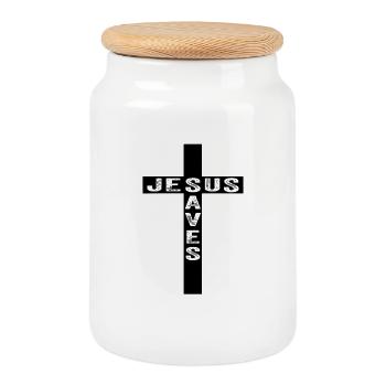 Jesus Saves In A Cross - Cookie Jar with Wooden Lid - white - Front