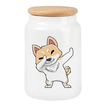 Akita Dog Kawaii Dabbing - Cookie Jar with Wooden Lid - white - Front