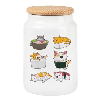 Sushi Cat Japanese Anime Kawaii Neko - Cookie Jar with Wooden Lid - white - Front