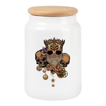 Steampunk skulls with flowers - Cookie Jar with Wooden Lid - white - Front