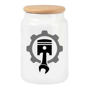 Engine, piston, gear - Cookie Jar with Wooden Lid - white - Front