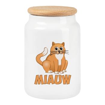 Le chat assis au-dessus du mot miaulement - Boîte à biscuits avec couvercle en bois - blanc - Devant