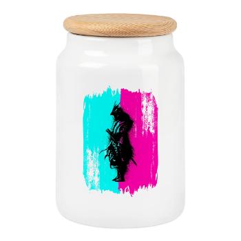 Black Samurai In A Turquoise And Pink Frame - Cookie Jar with Wooden Lid - white - Front