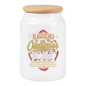 66. Geburtstag Oldtimer - Keksdose mit Holzdeckel - Weiß - Vorne