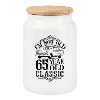 65. Geburtstag Klassiker Oldtimer - Keksdose mit Holzdeckel - Weiß - Vorne
