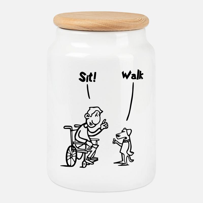 Setzen Sie sich hin und gehen Sie. Rollstuhlfahrer vs. Hund. Humor # - Keksdose mit Holzdeckel - Weiß