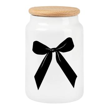 Black ribbon - Cookie Jar with Wooden Lid - white - Front