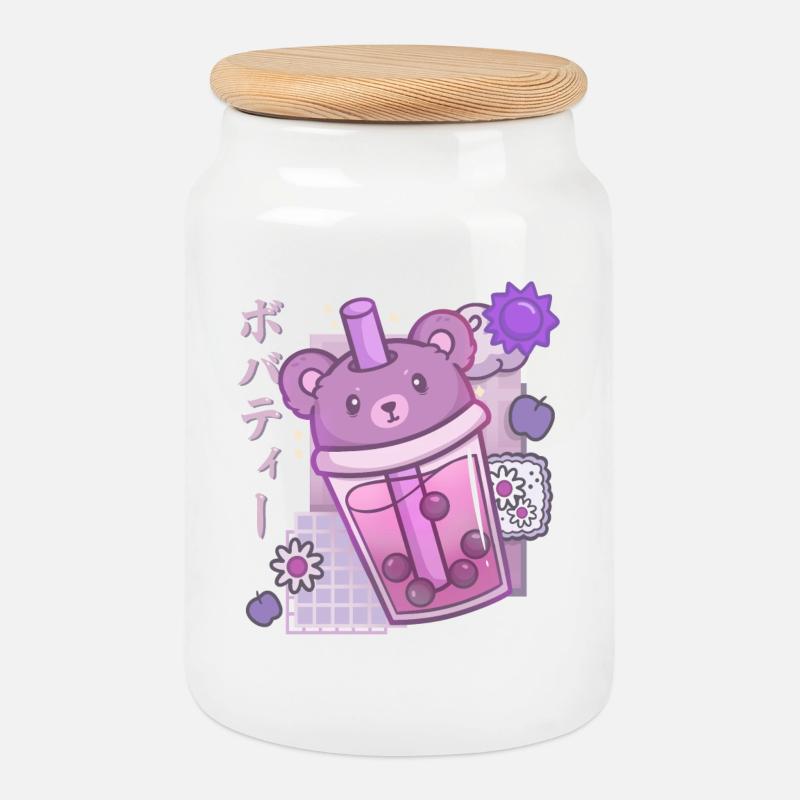 Bear Boba Tea Anime Kawaii - Keksdose mit Holzdeckel - Weiß