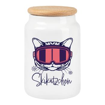 Katze Skifahren Skikätzchen Apres ski Wintersport - Keksdose mit Holzdeckel - Weiß - Vorne