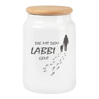 Die mit dem Labbi geht, Hundepfoten Labrador Gassi - Keksdose mit Holzdeckel - Weiß - Vorne